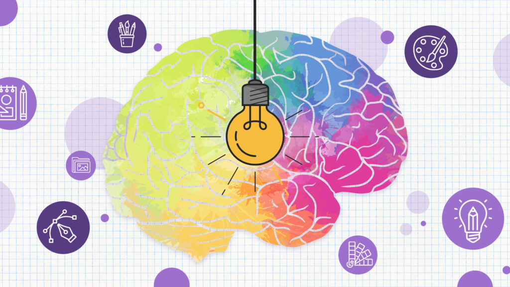 Colorful illustration of a brain and a lightbulb surrounded by art tool icons in purple circles.